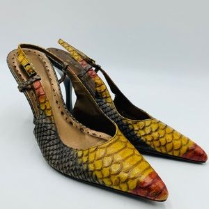 BCBGirls multi color pointed toe ankle strap heels